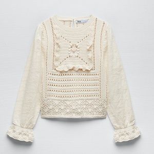 Zara Cream Crochet Knit Long-Sleeve Sweater
